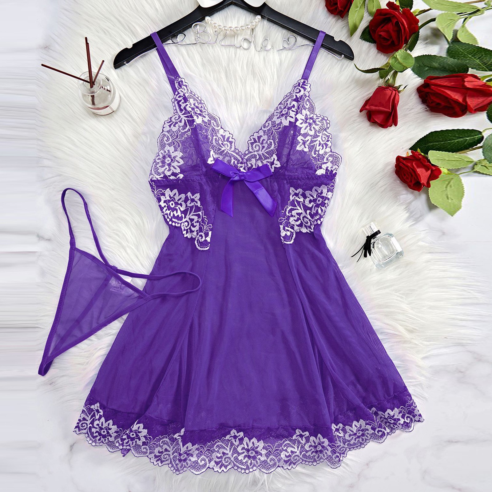 thumbnail image 5 of Body sexy de encaje para mujer con liguero - Conjunto de camisón de malla transparente, lencería de poliéster y spandex para ocasiones especiales, 5 of 5